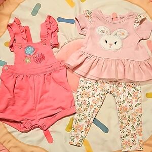 12m Baby Essentials set. Bunny matching set and pink overalls with shells on it.